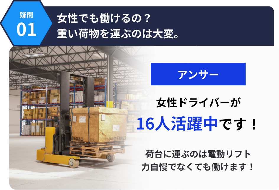 1つ目の疑問。女性でも働けるの？重い荷物を運ぶのは大変なのでは。アンサーは、女性ドライバーが16人活躍中です！荷台に運ぶのは電動リフト。力自慢でなくても働けます！